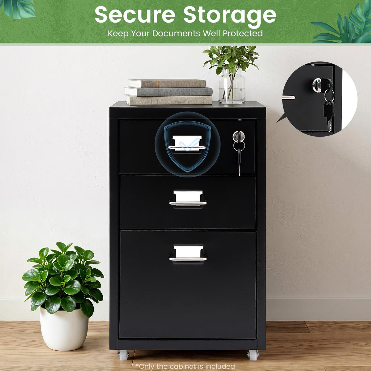 Black 3-Drawer Metal File Cabinet J597