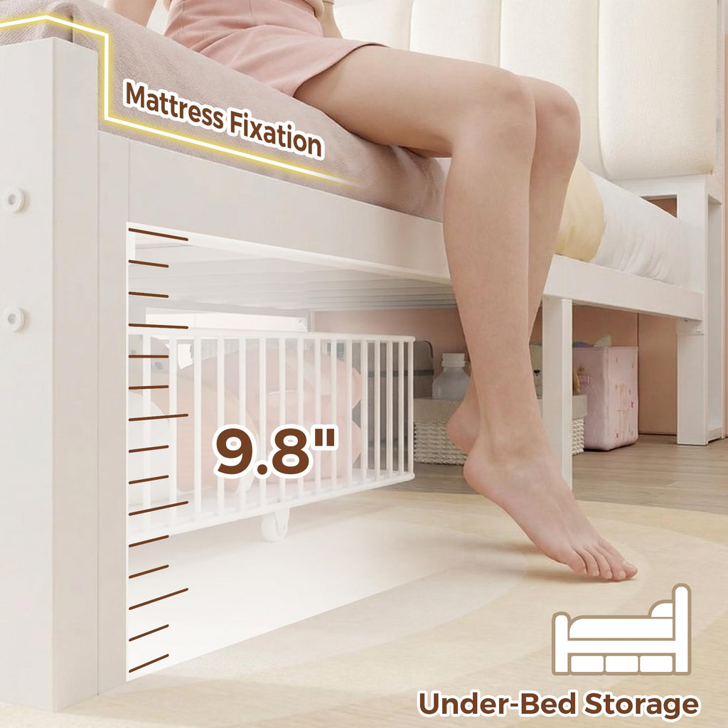 White Upholstered Storage Bed Frame Full Size with Drawers and Charging Station J7639