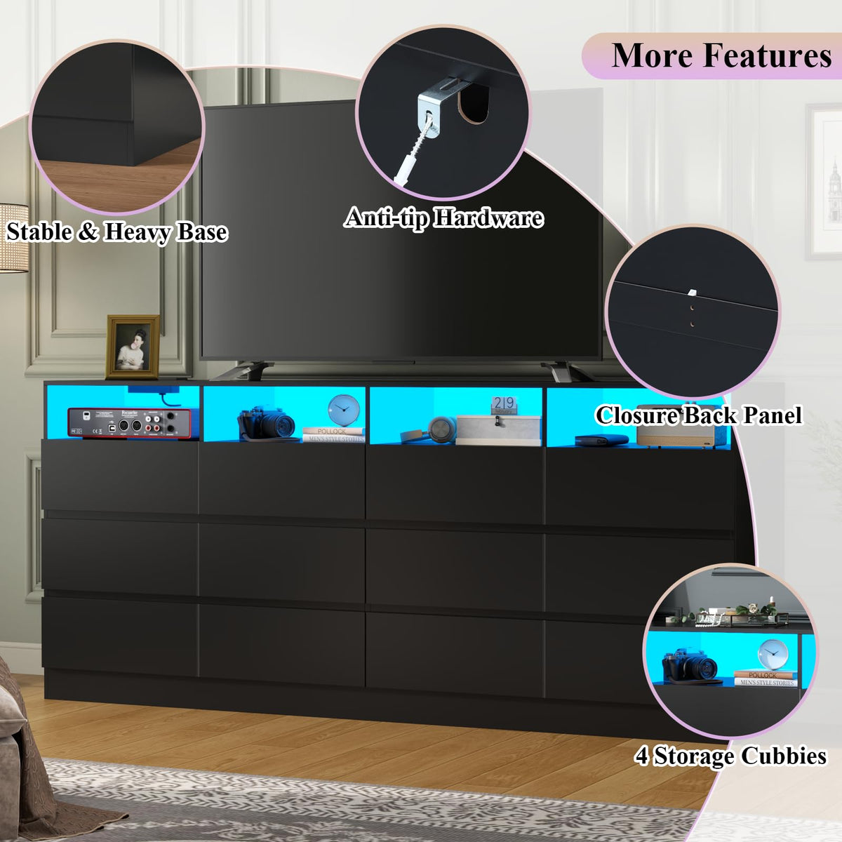 6 Drawer Dresser with Power Outlet and LED Lights Z528