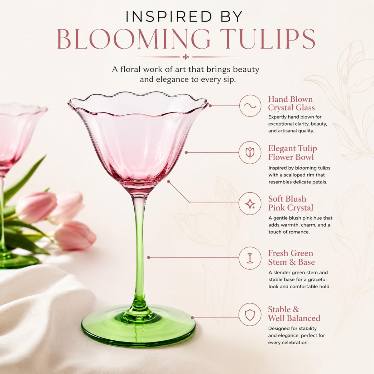 Pink Tulip Flower Cocktail Glasses 2 Set F564750