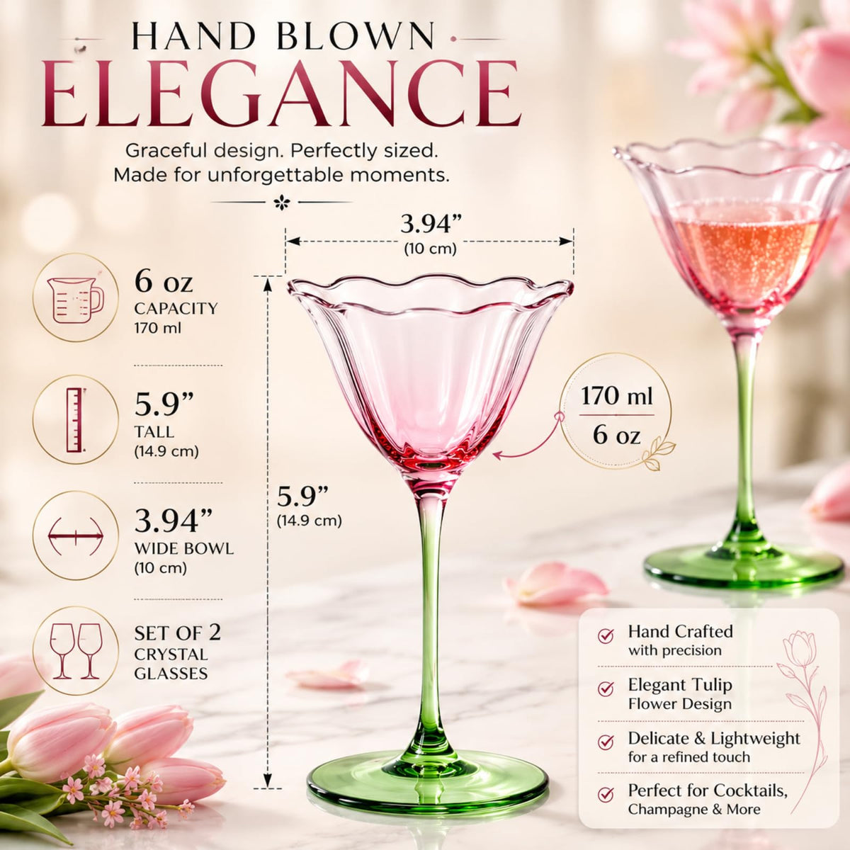 Pink Tulip Flower Cocktail Glasses 2 Set F564750