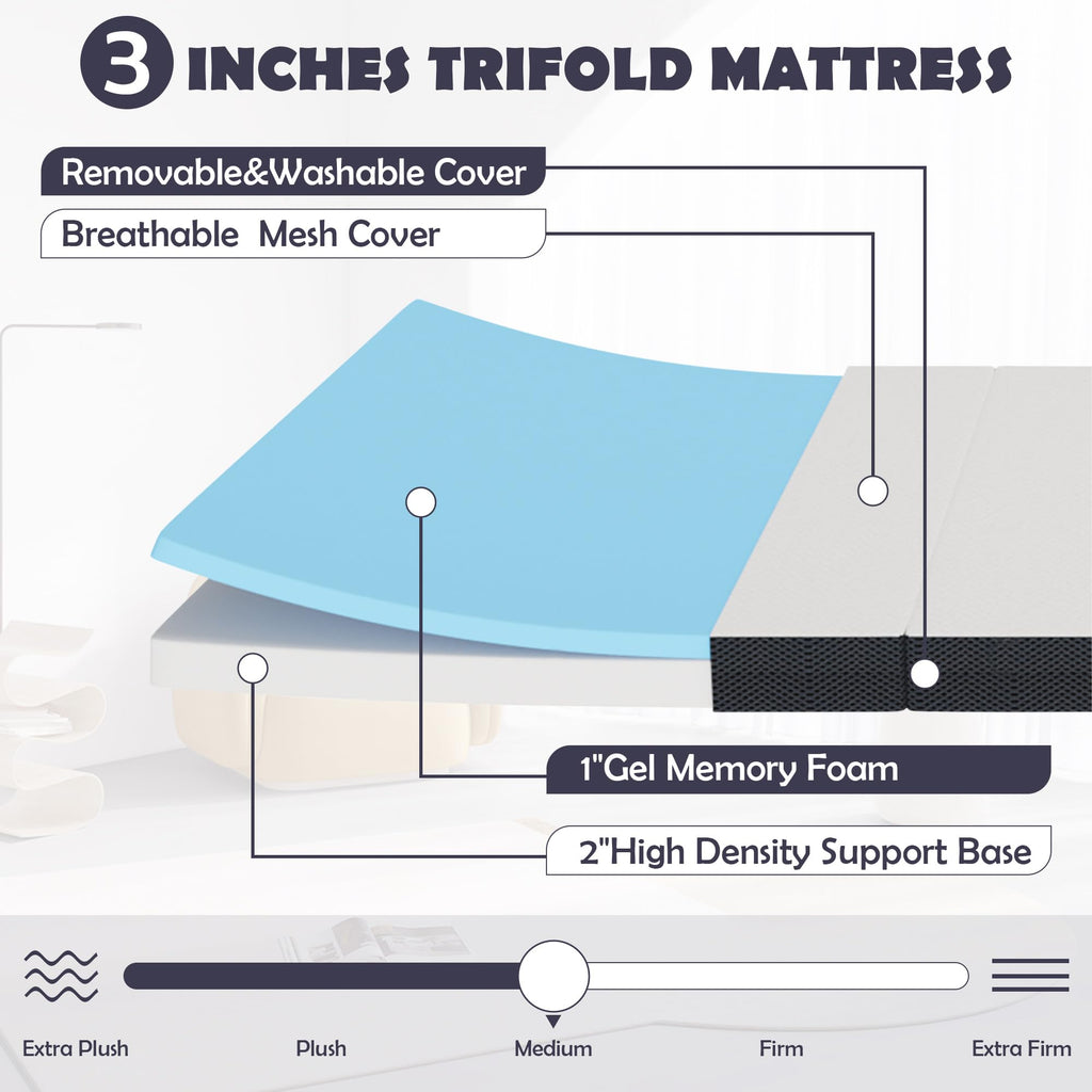 Memory Foam Folding Mattress Full 3 Inch Trifold with Washable Cover E907