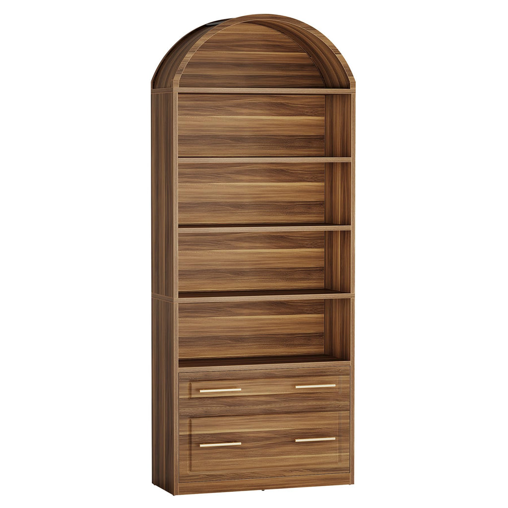 76.8" Tall Arched Bookcase with File Cabinet Drawer, Walnut Brown H307523