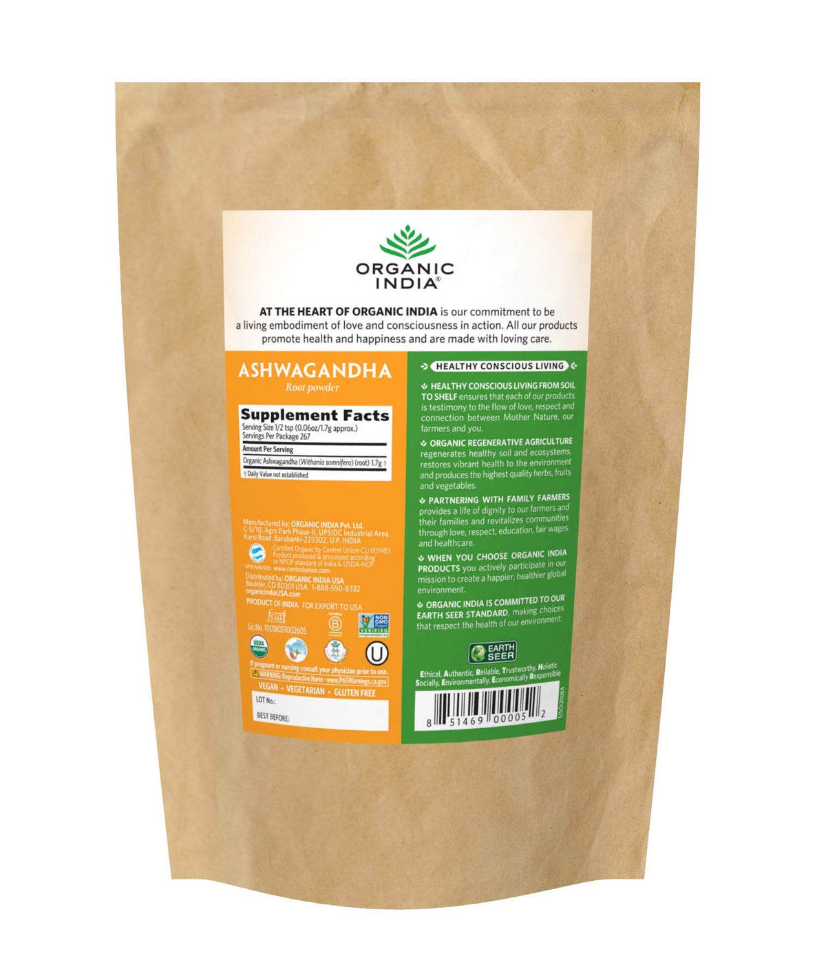 Organic Ashwagandha Powder Herbal Supplement 1lb Bag C5974