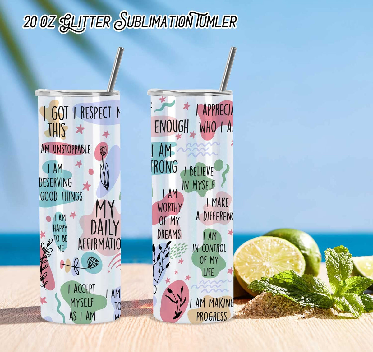 20 Oz 8 Pack Stainless Steel Glitter Sublimation Tumblers M21342