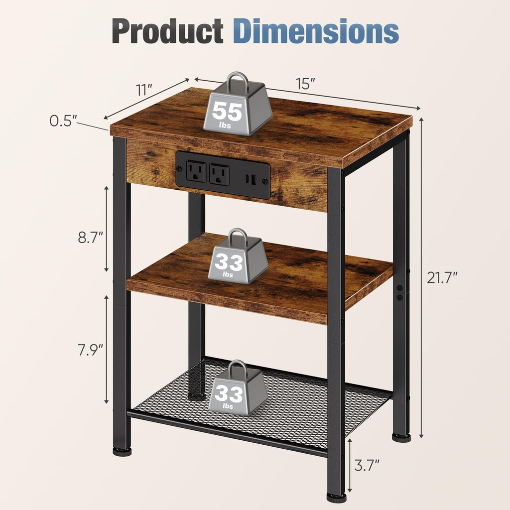 Nightstand with Charging Station, 3-Tier Bedside Table H683