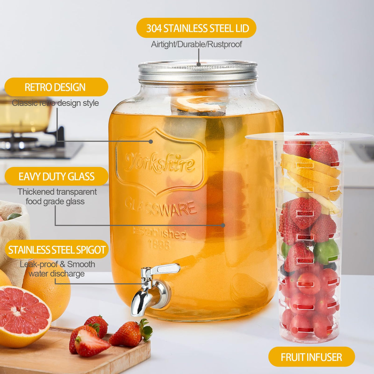 2 Gallon Glass Beverage Dispenser with Stand & Fruit Infuser L894065