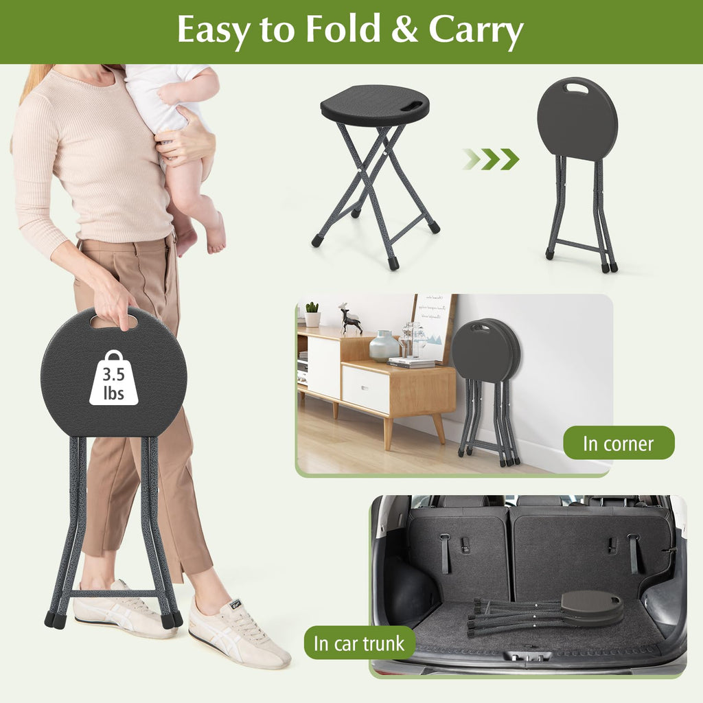 Folding Stool, 18in Portable Collapsible Bar Stool with Handle & Steel Frame A677