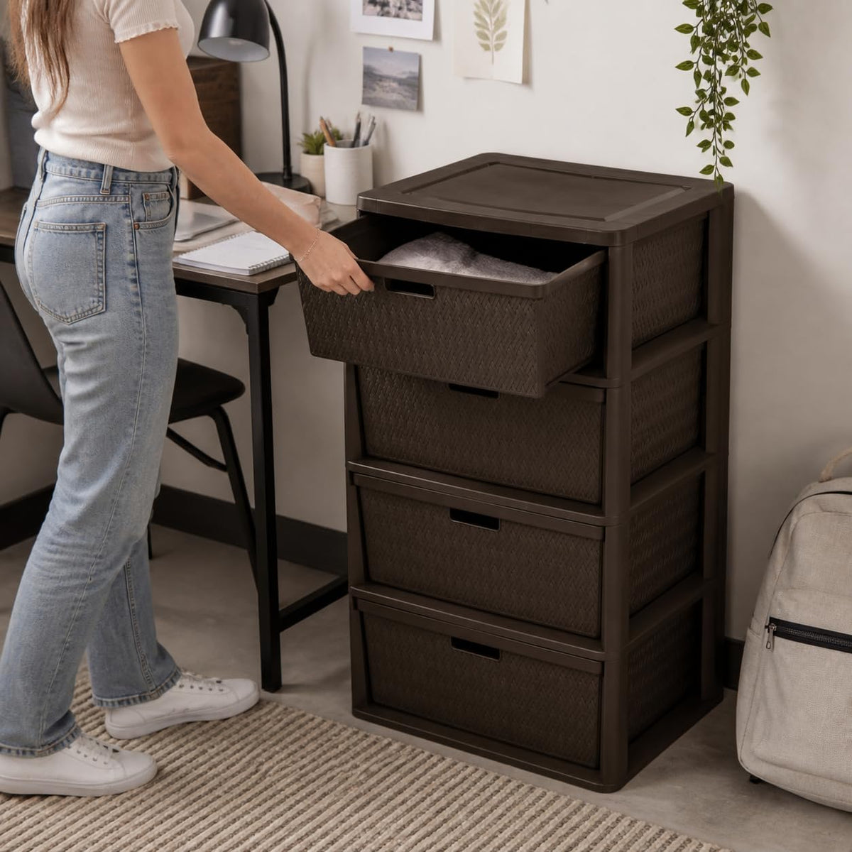 Brown 4 Drawer Plastic Storage Tower V64502