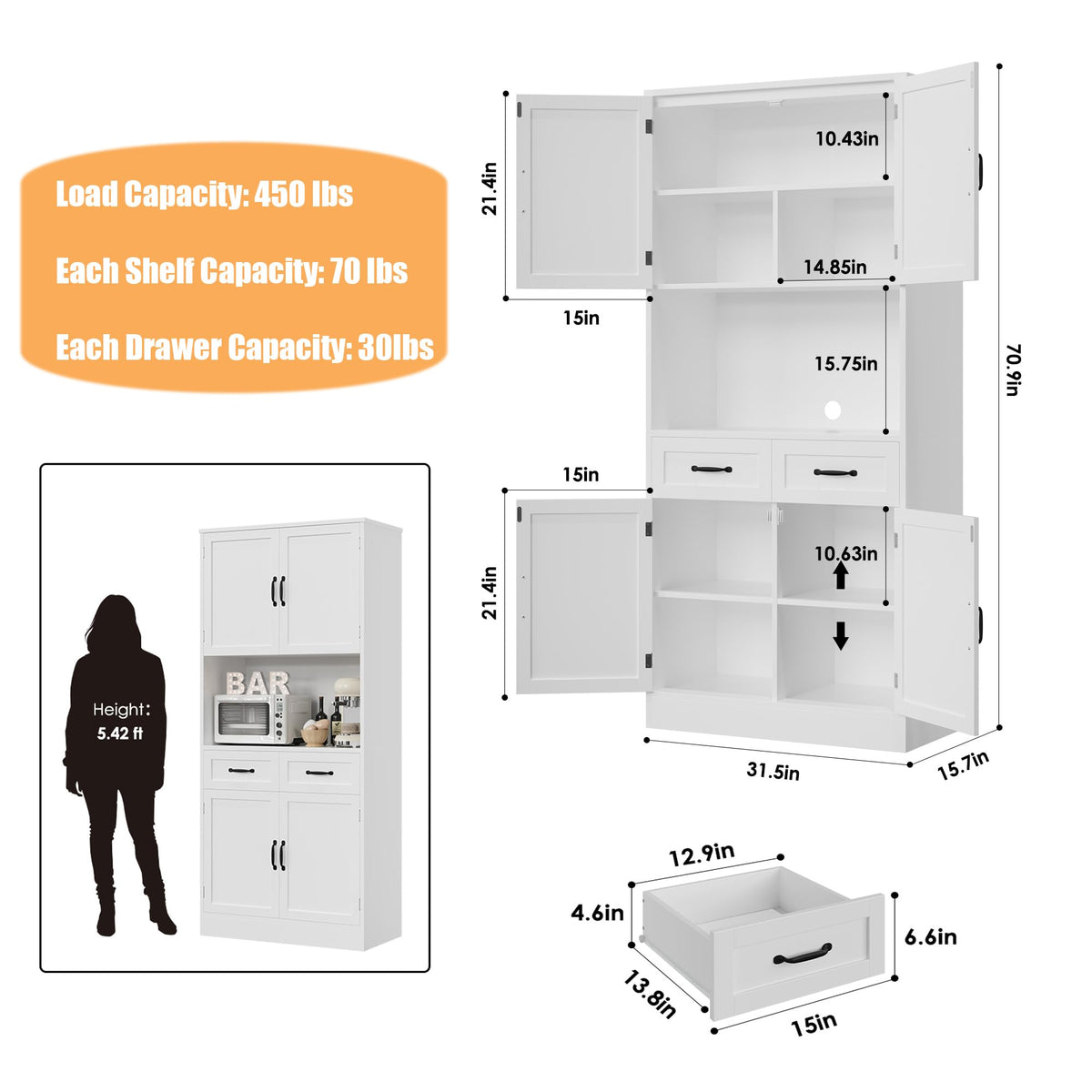 White Tall Wood Kitchen Pantry Storage Cabinet I96982