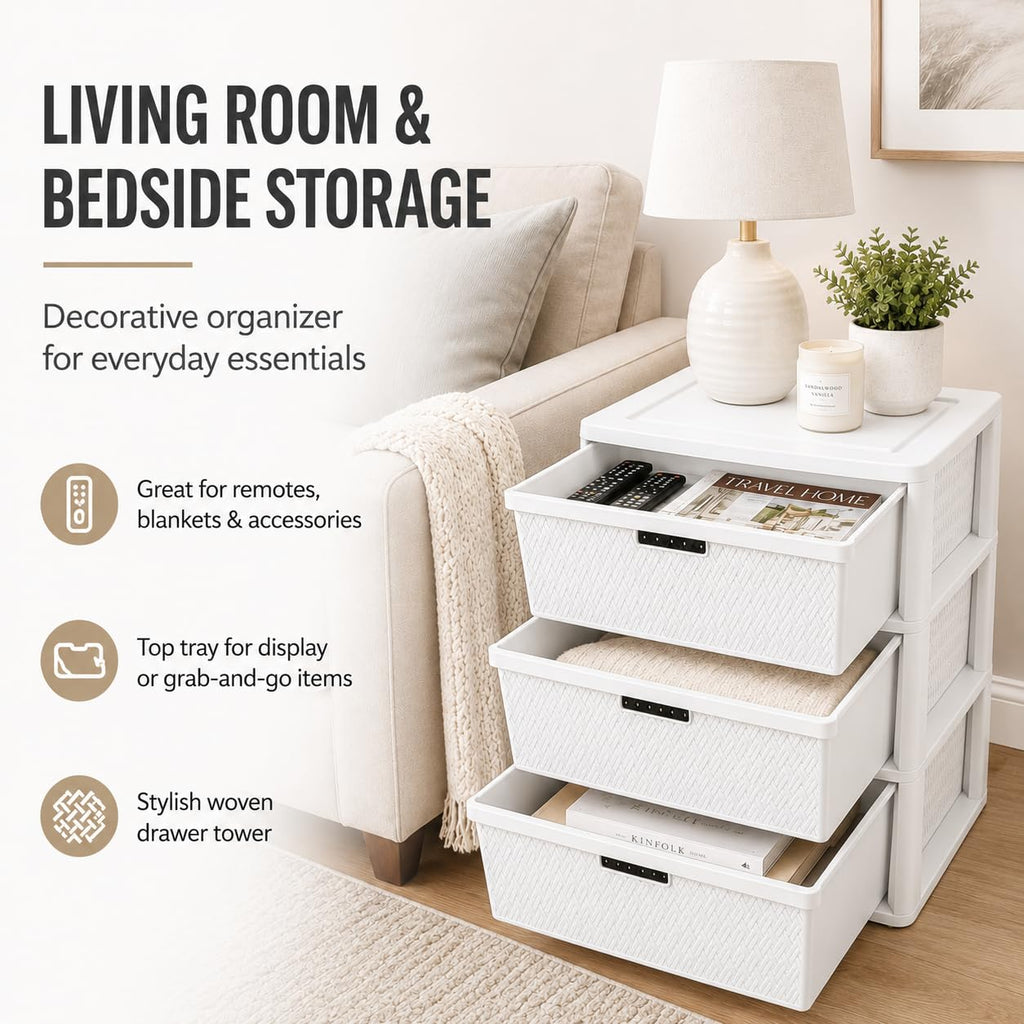 Wide 3-Drawer Plastic Storage Tower with Removable Bins I713