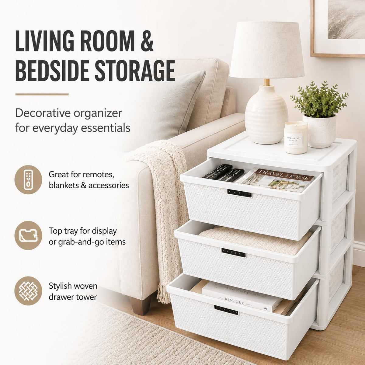 Wide 3-Drawer Plastic Storage Tower with Removable Bins I713