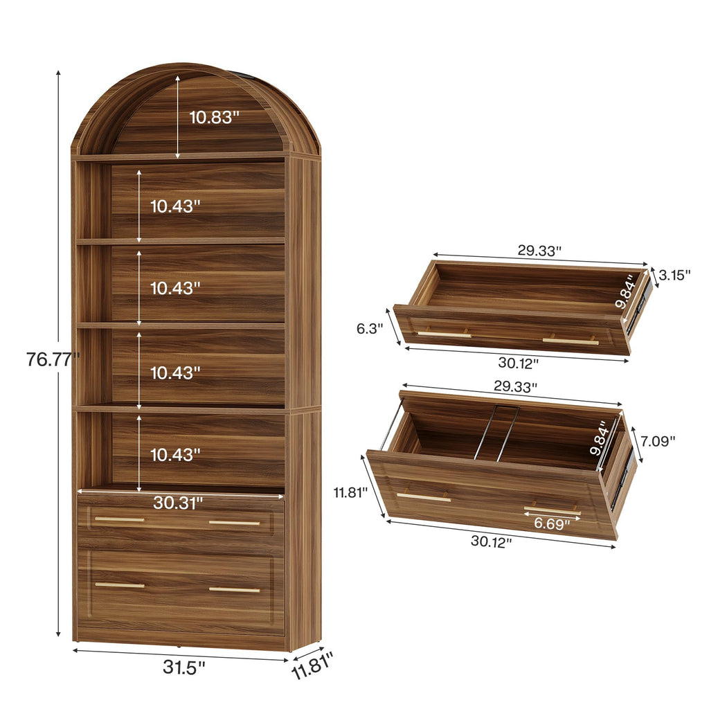 76.8" Tall Arched Bookcase with File Cabinet Drawer, Walnut Brown H307523