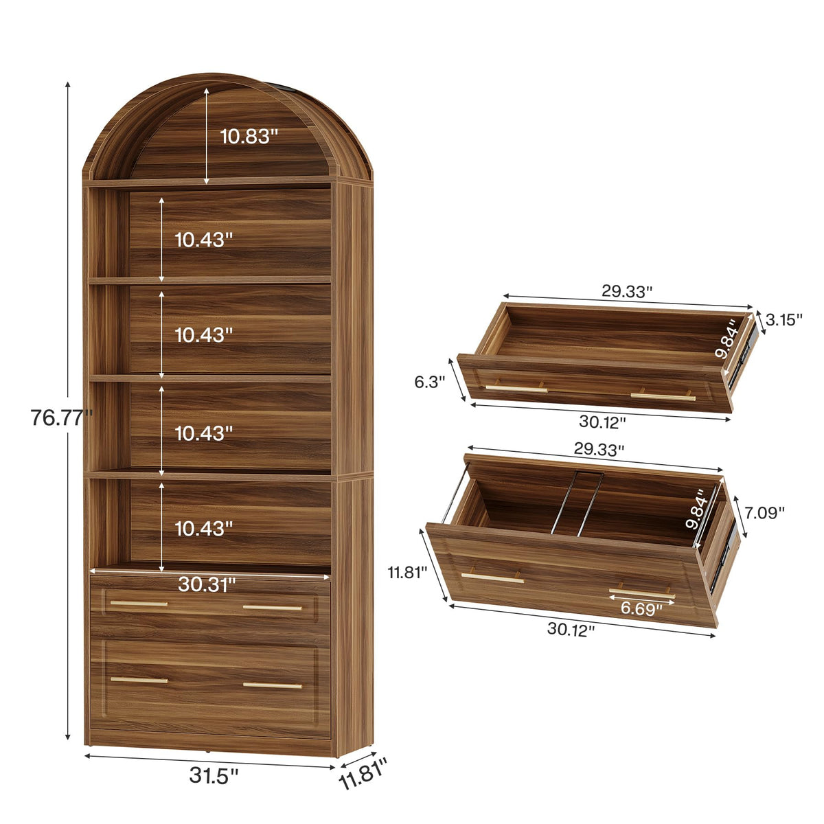 76.8" Tall Arched Bookcase with File Cabinet Drawer, Walnut Brown H307523