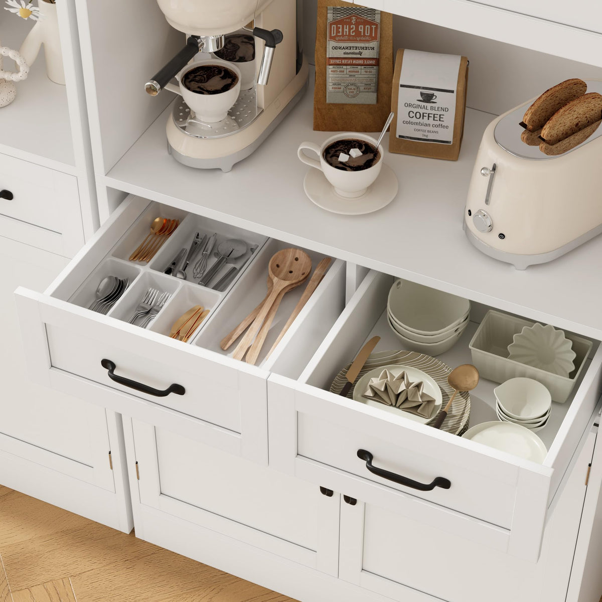 White Tall Wood Kitchen Pantry Storage Cabinet I96982