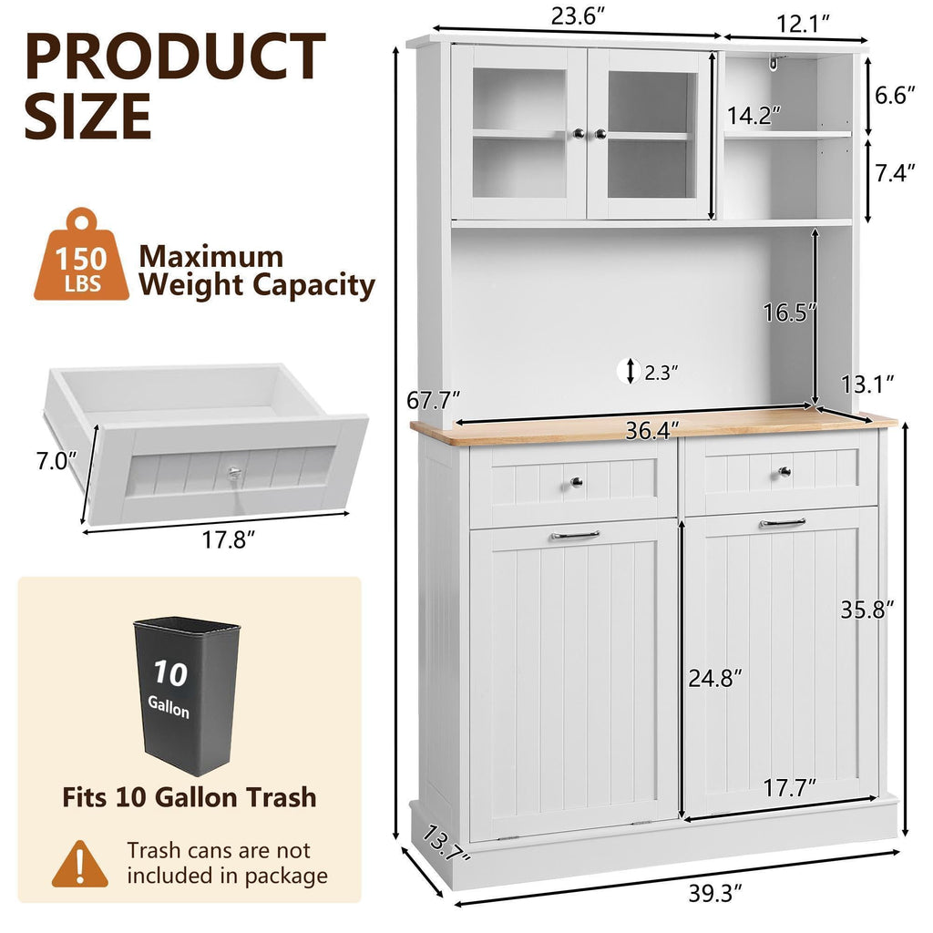 68.4" White Kitchen Pantry Storage Cabinet with Shelf, 2 Drawers and Tilt Out Trash Cabinet P33332
