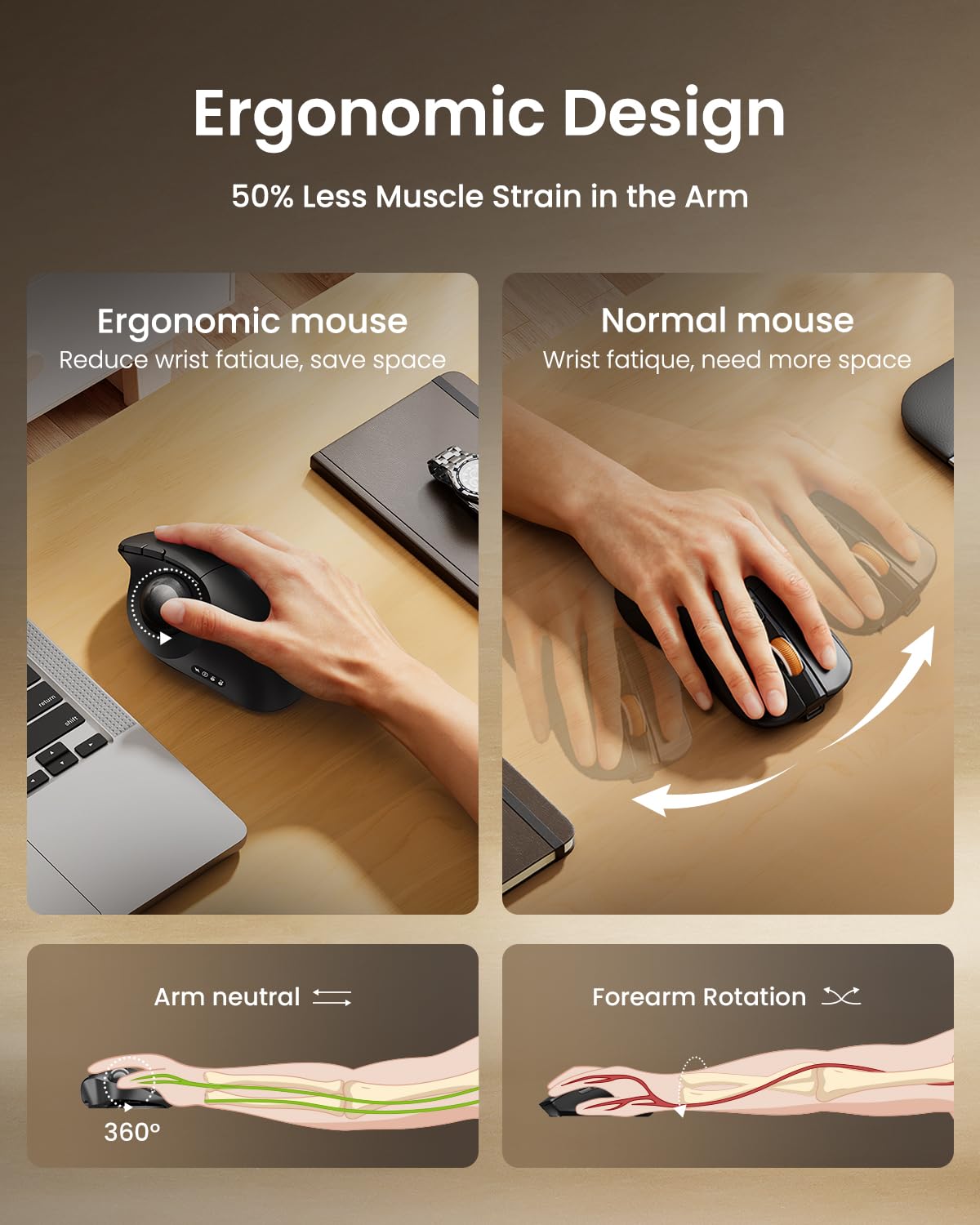Wireless Trackball Mouse, Adjustable Angle, Gray O272312