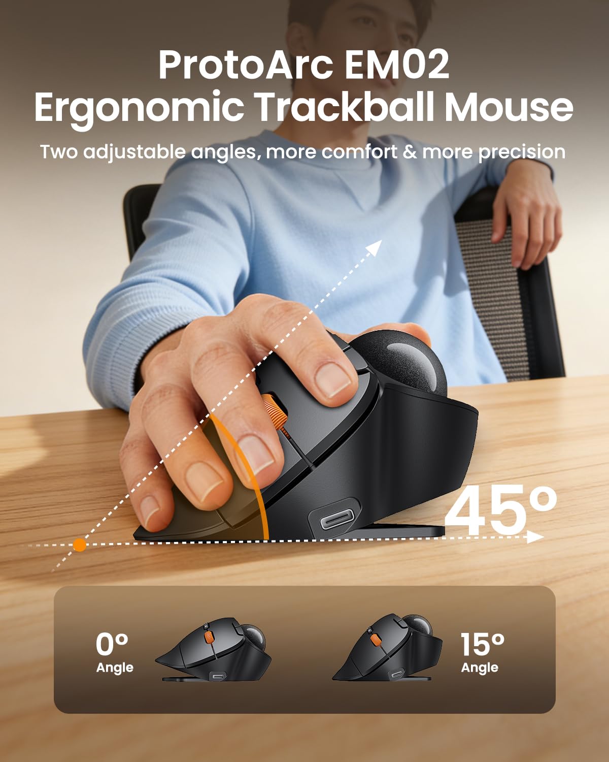 Wireless Trackball Mouse, Adjustable Angle, Gray O272312