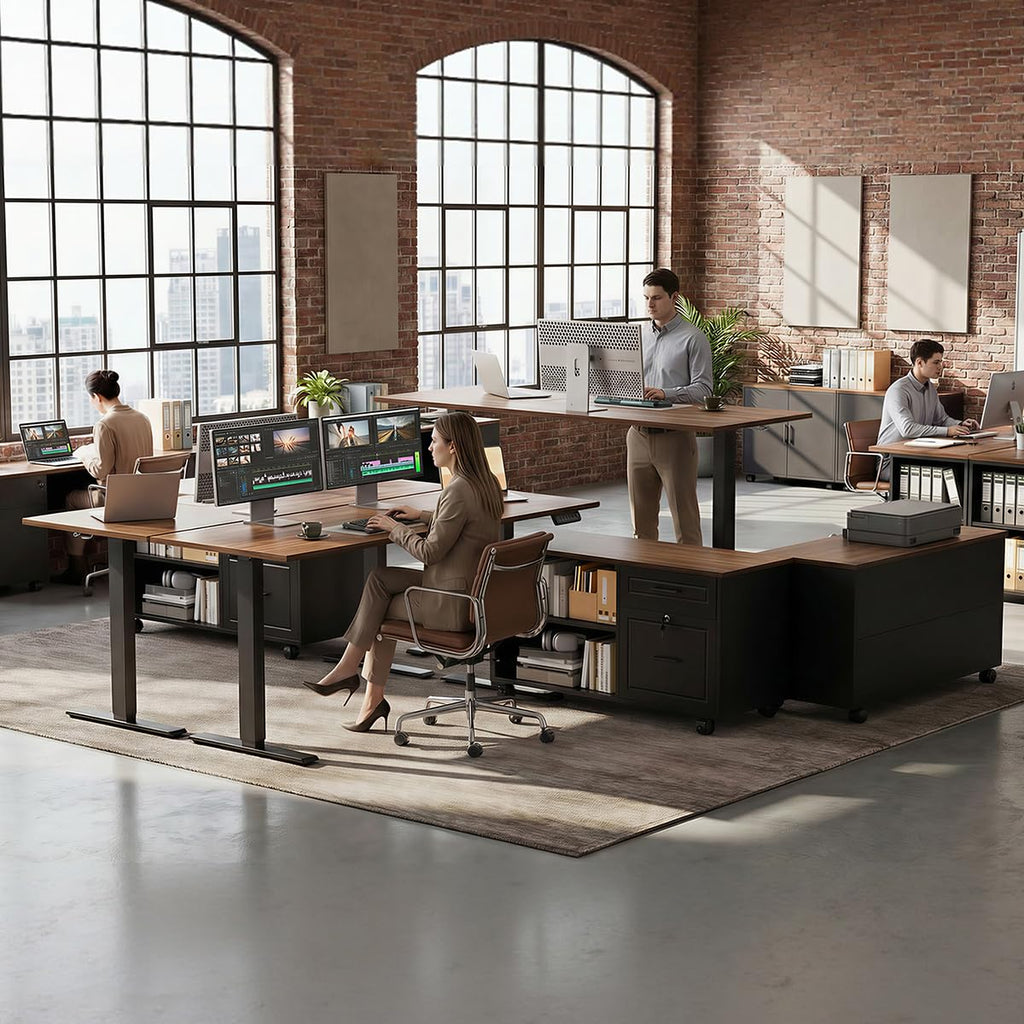 55" L Shaped Electric Standing Desk with Cabinet Sets D578