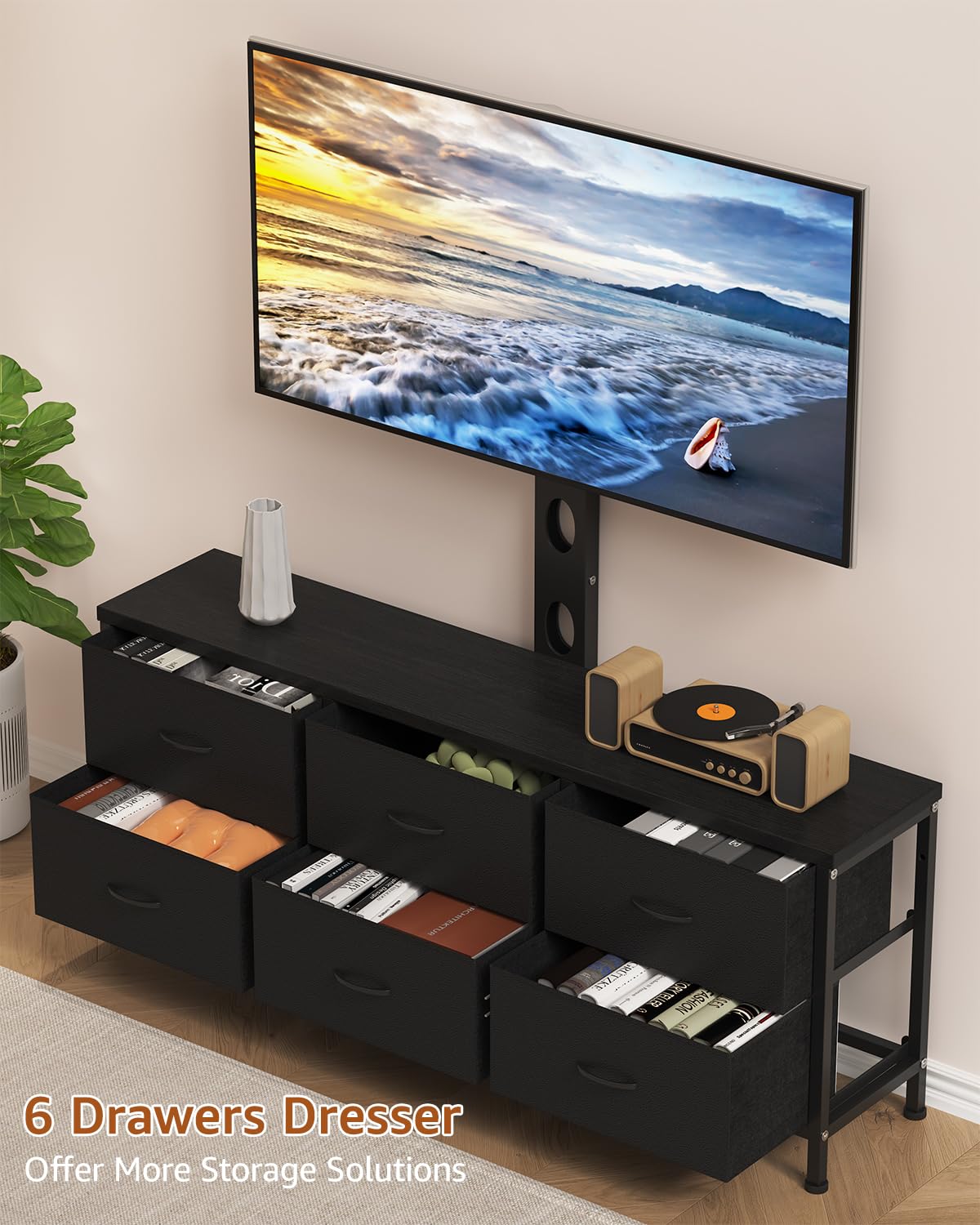 Black 6 Drawer TV Stand with Mount H6883