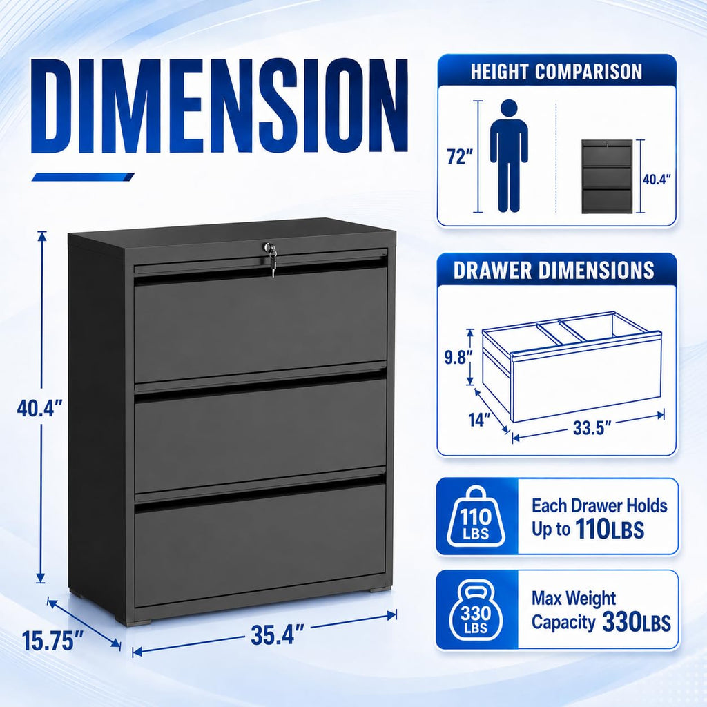 Black 3 Drawer Metal File Cabinet with Lock B8092