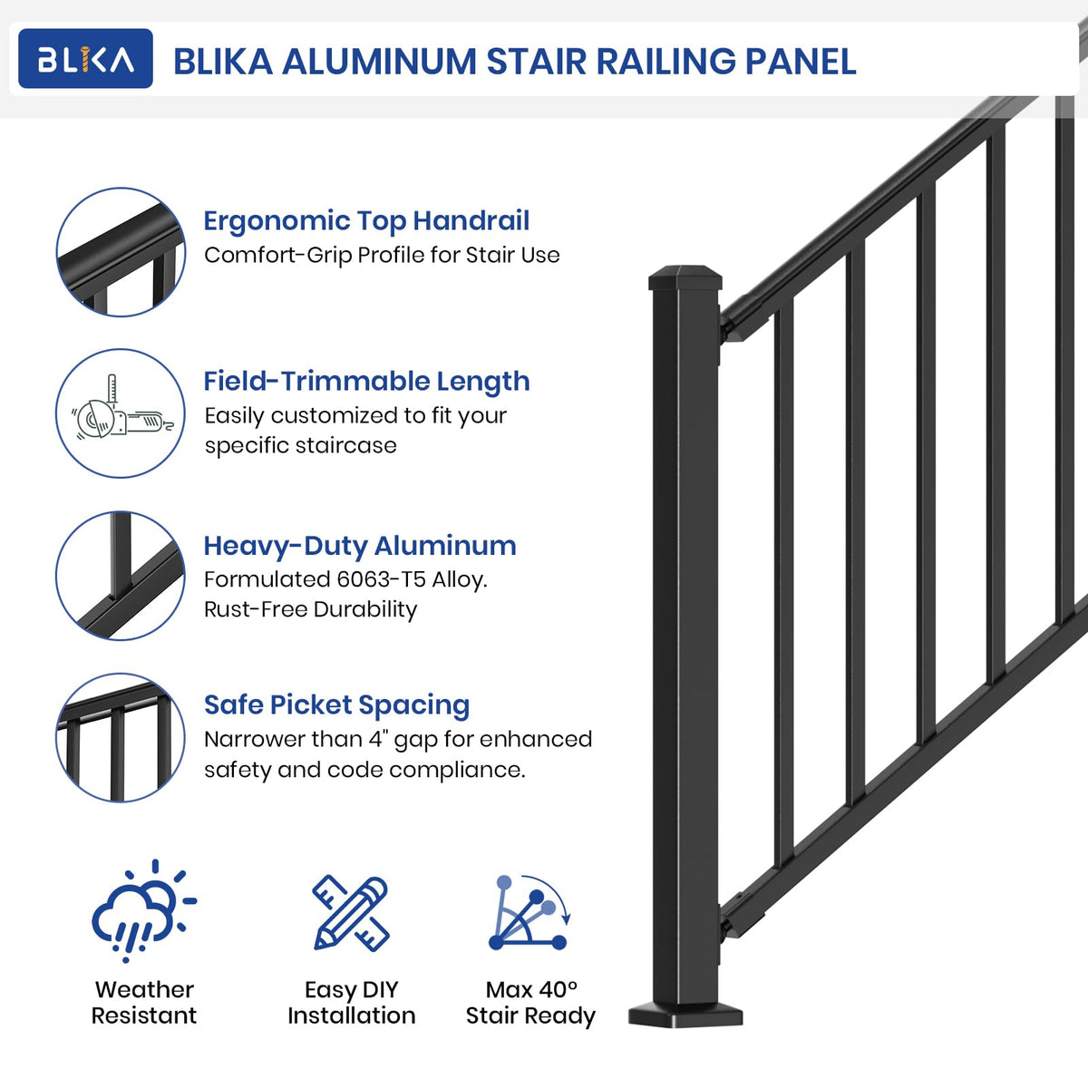 Aluminum Stair Railing Kit with Post, Matte Black W998