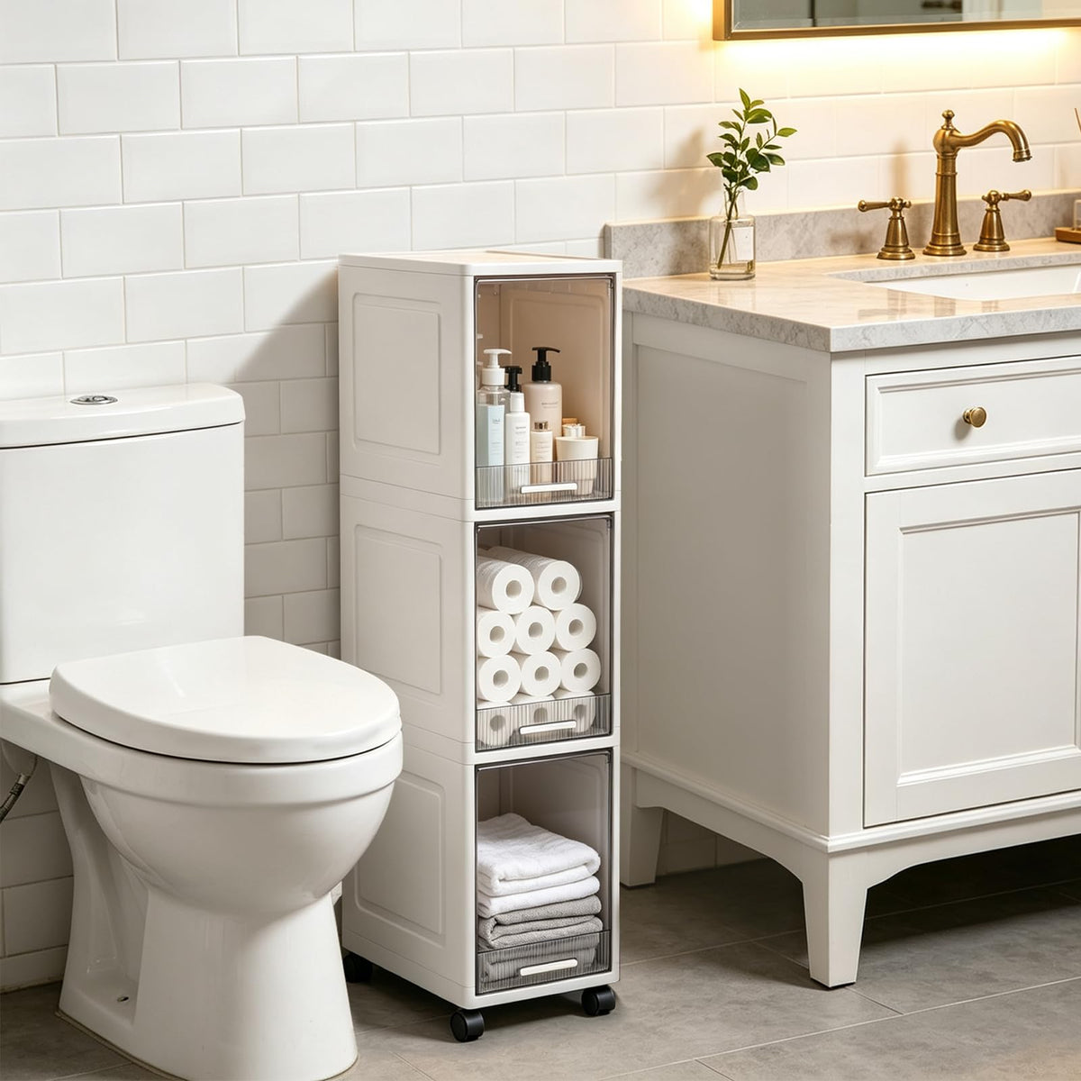 Narrow 3 Tier Bathroom Storage Cabinet with Wheels W8264