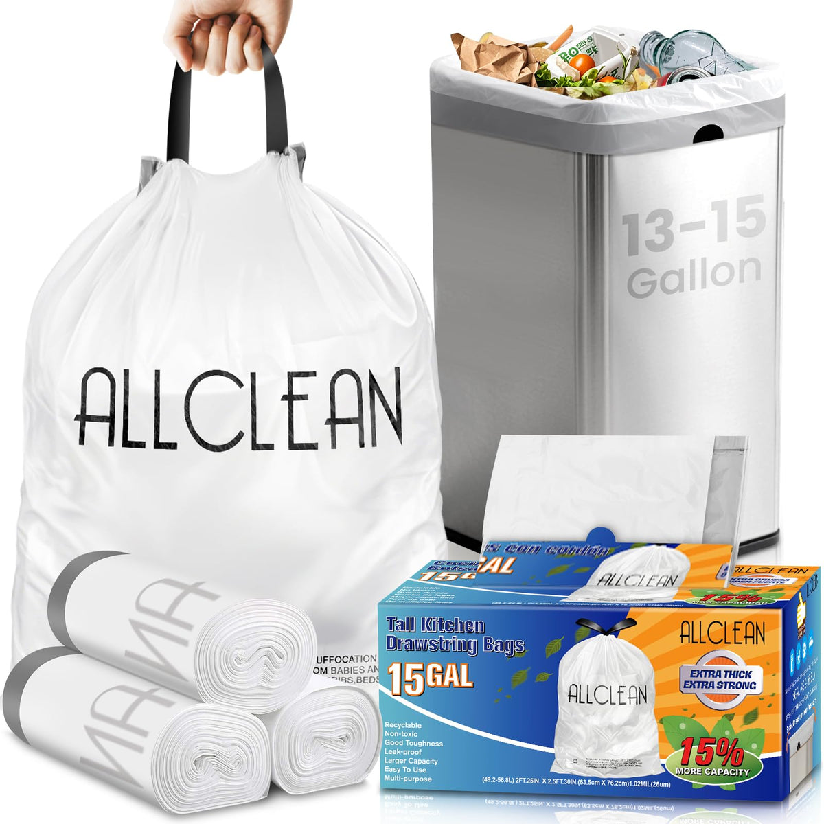 15 Gallon Drawstring Tall Kitchen Trash Bags S465