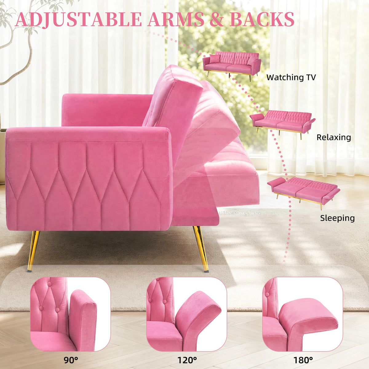 Pink Velvet Futon Sofa Bed H58358