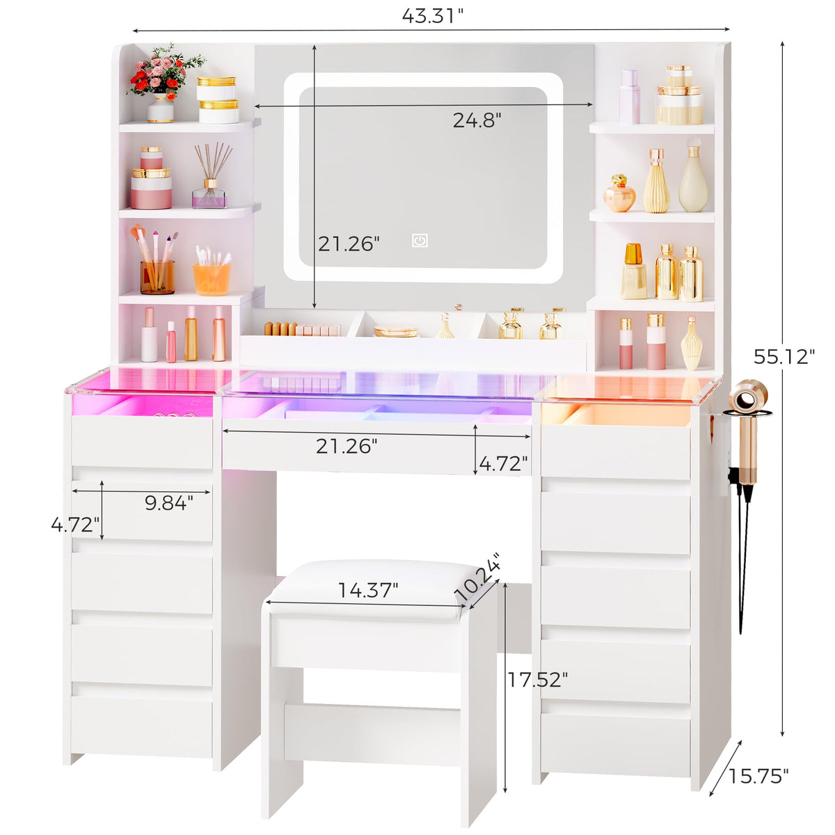 Glass Top Vanity Desk with Mirror and Stool C76429