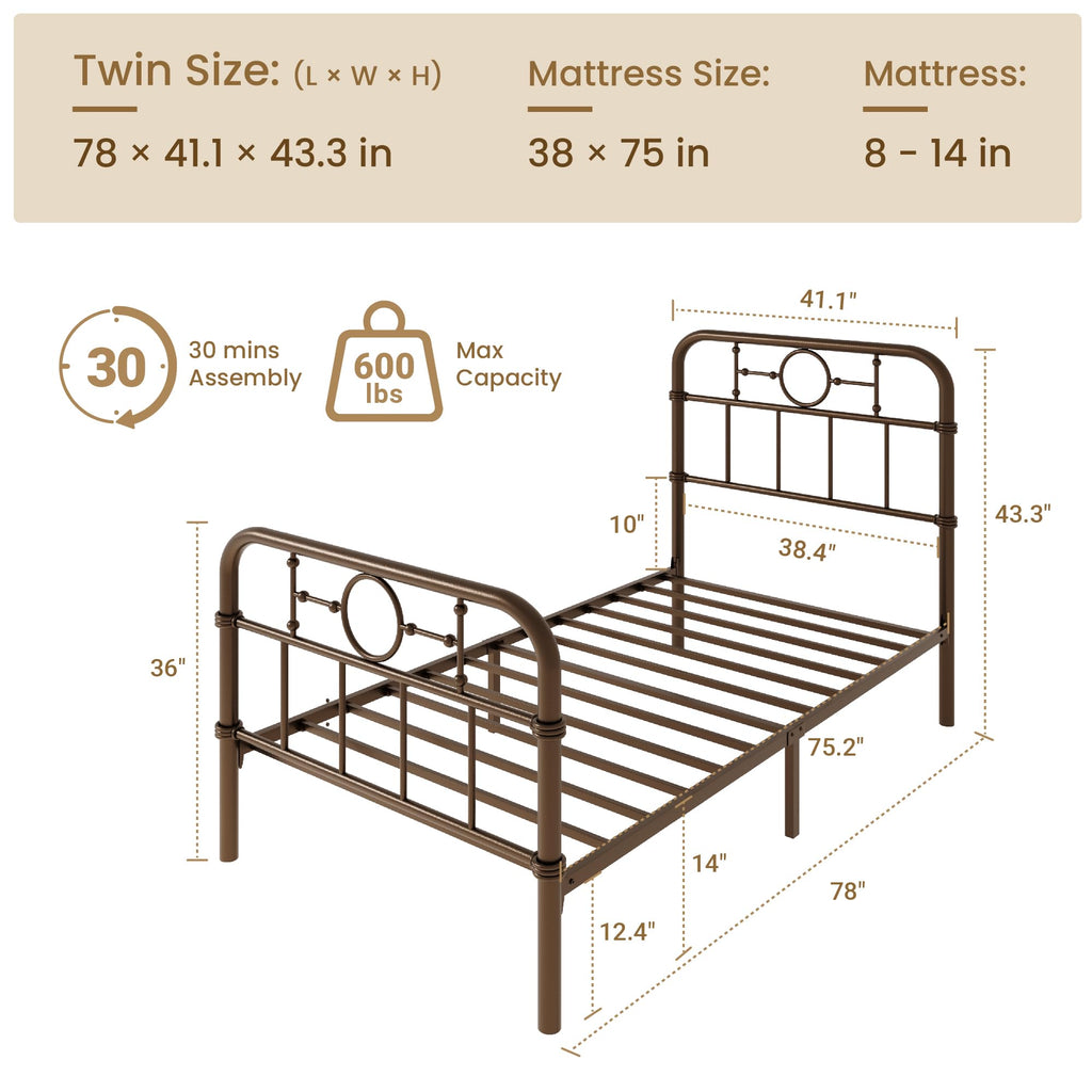 Twin Metal Platform Bed Frame with Vintage Headboard Y61136
