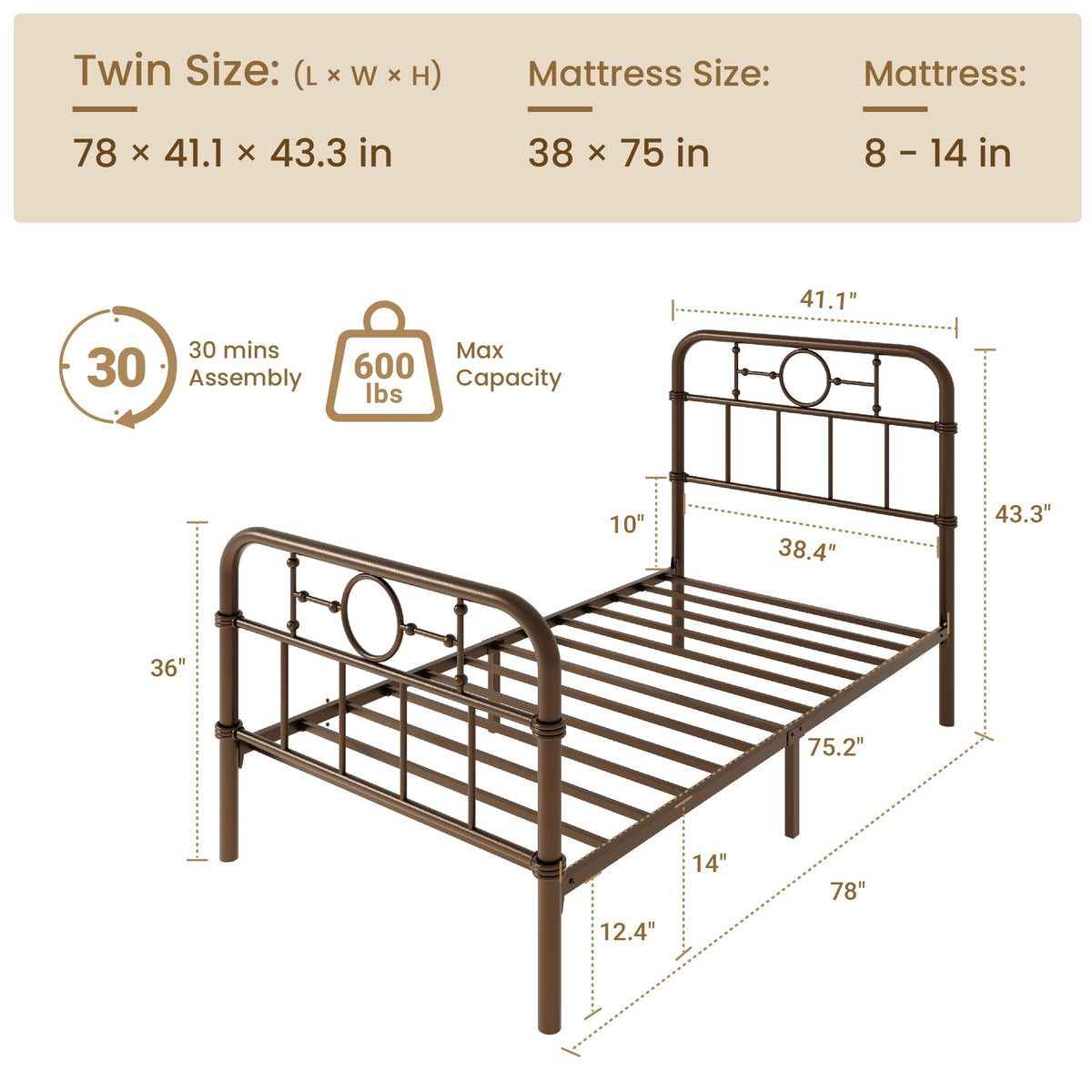 Twin Metal Platform Bed Frame with Vintage Headboard Y61136