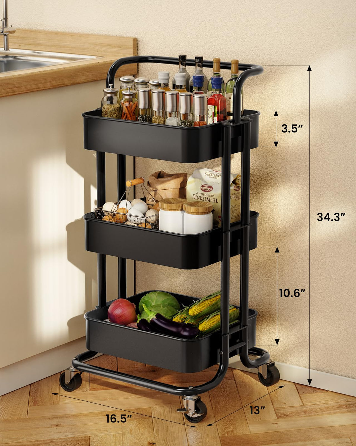 3 Tier Rolling Cart with Handle & 2 Lockable Wheels E259833