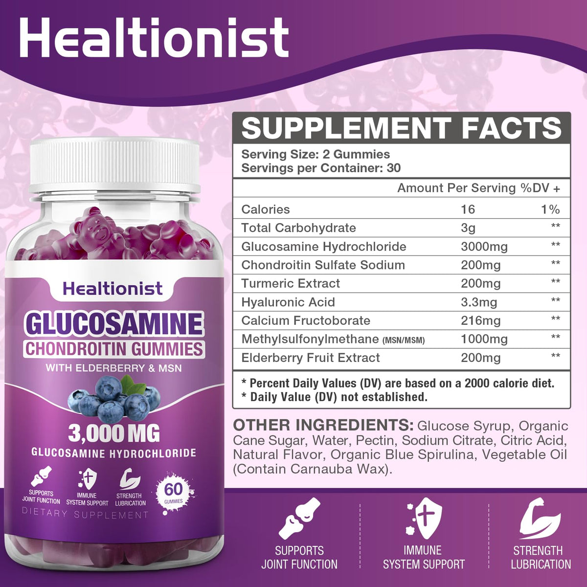 3000mg Glucosamine Chondroitin Gummies with MSM & Elderberry 120 Cts W7581