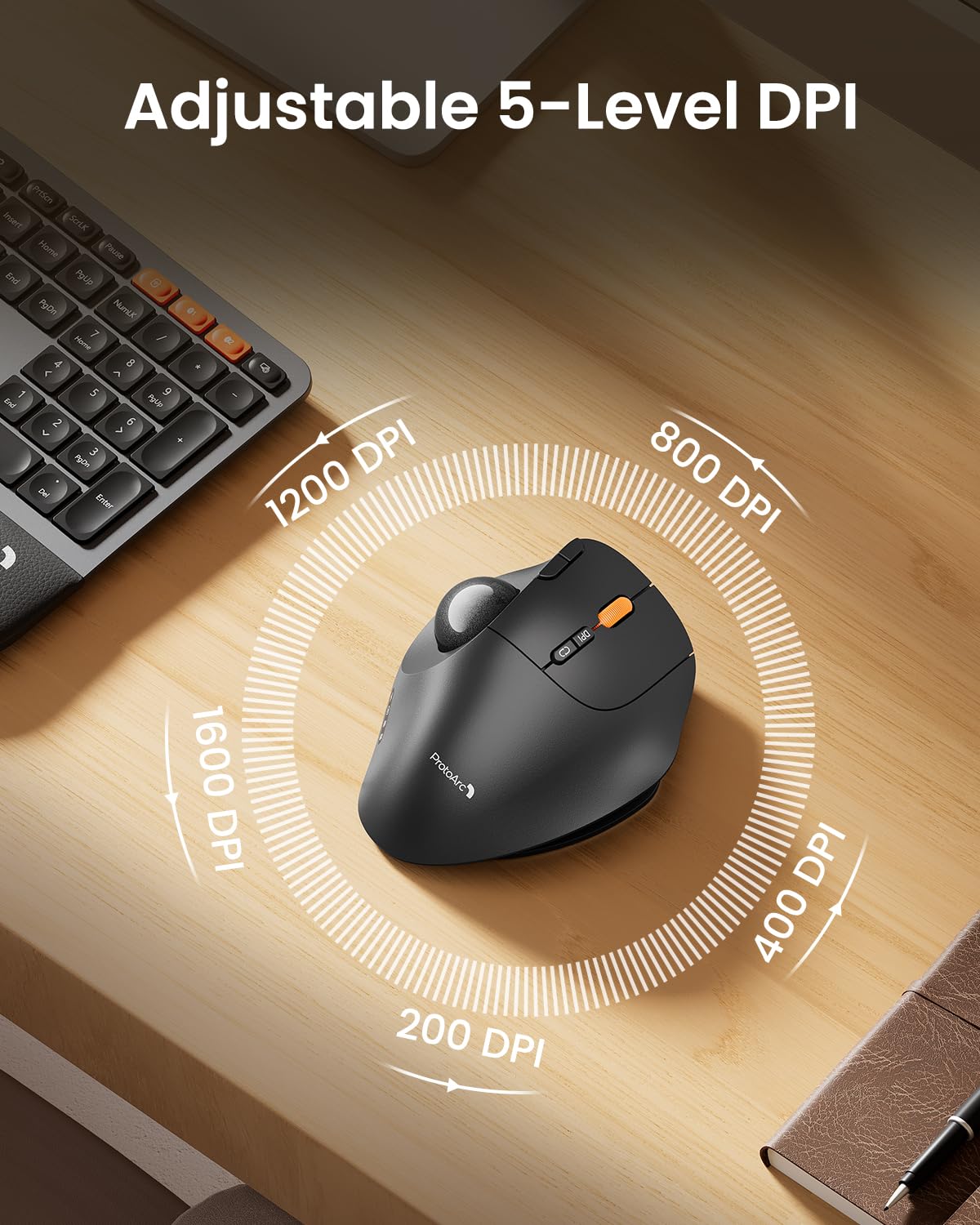 Wireless Trackball Mouse, Adjustable Angle, Gray O272312