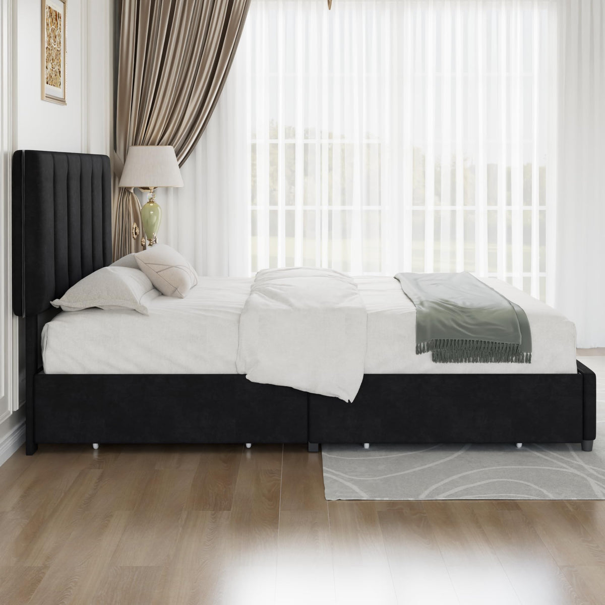 Queen Size Black Bed Frame with 4 Storage Drawers O124722