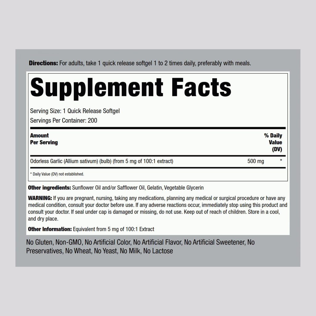 Odorless Garlic Supplement 200 Softgels A518810