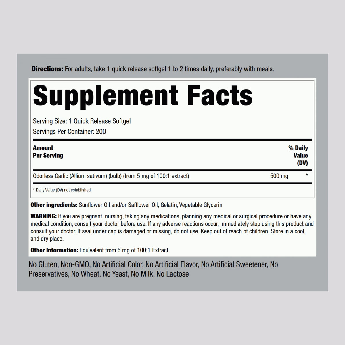 Odorless Garlic Supplement 200 Softgels A518810