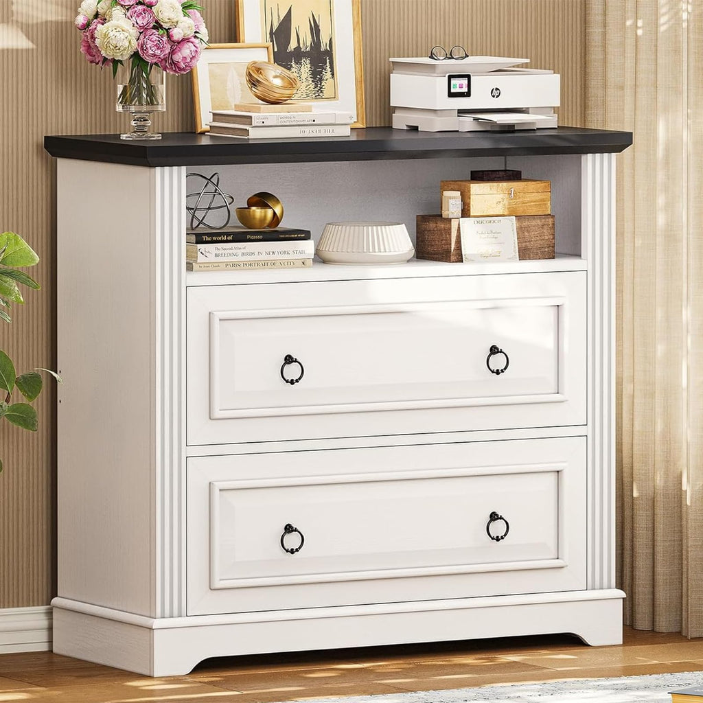 White 2 Drawer Wood File Cabinet with Storage Shelf B906108