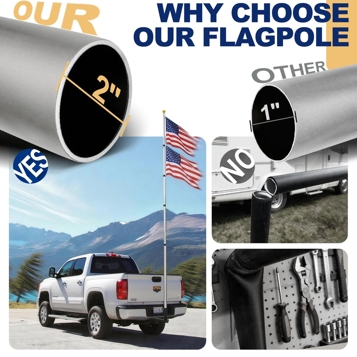 16FT Silver Thickened Aluminum RV Flagpole C286