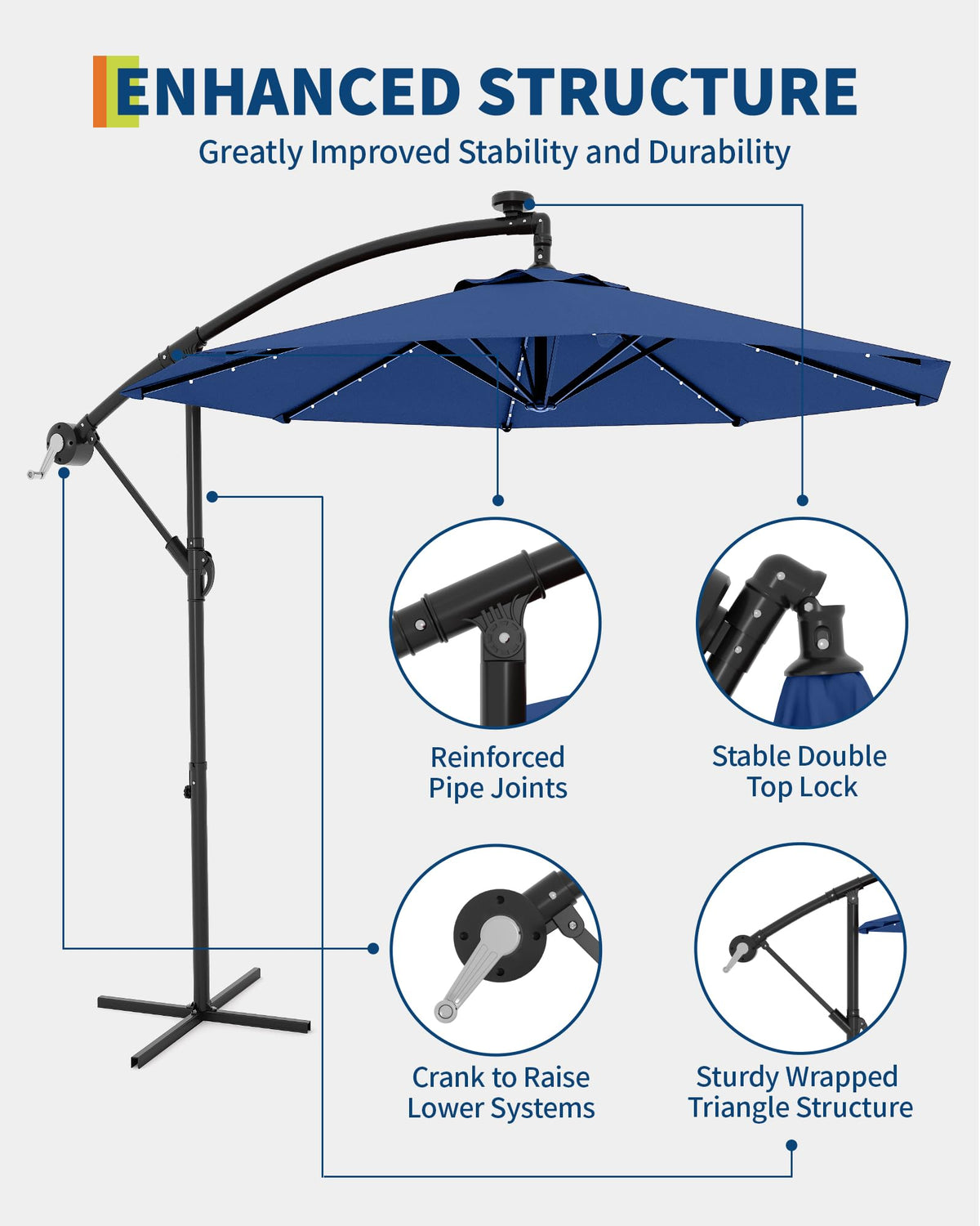 10 ft Solar Light Patio Umbrella with Crank Lift and Cross Base S560