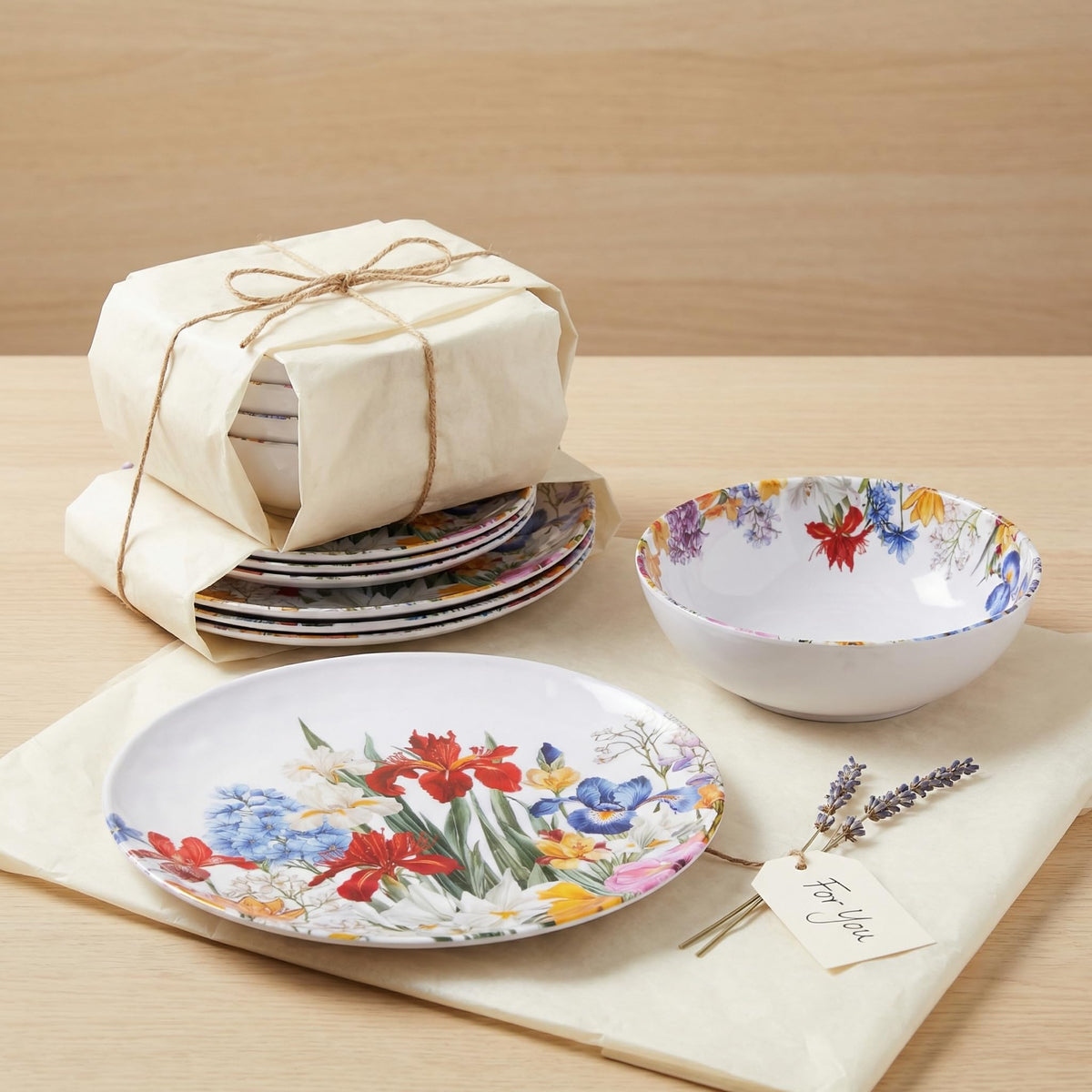 Melamine Dinnerware Set for 4, 12 Piece Plates and Bowls U824