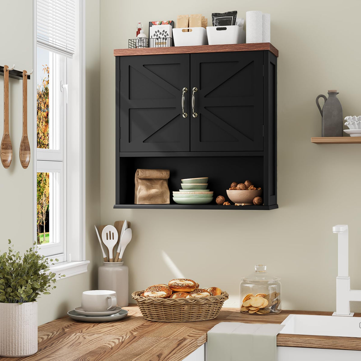 Black Wall Mounted Bathroom Cabinet with Adjustable Shelf W6313