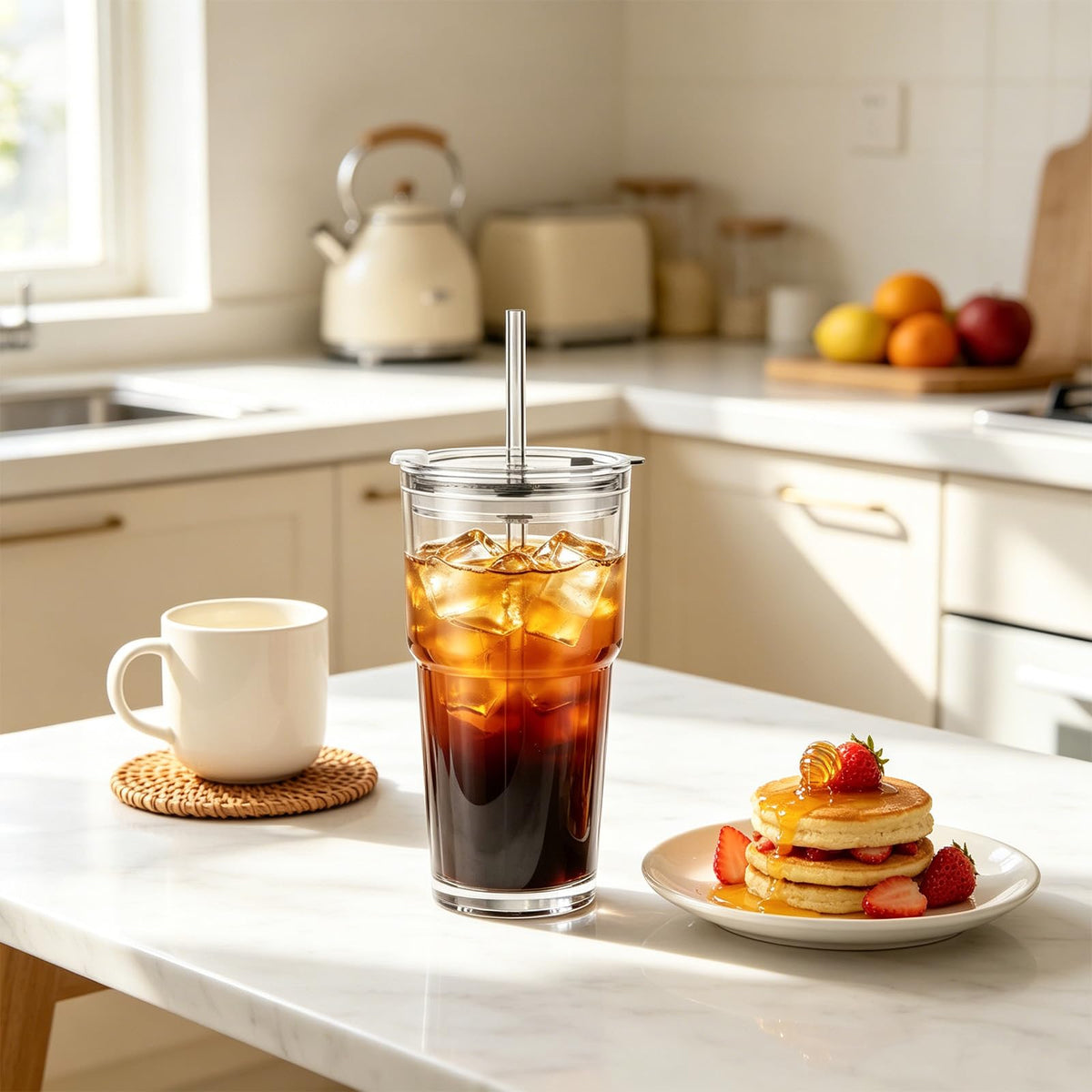20 oz Iced Coffee Cups with Lids and Straw, Set of 4 Glass Tumbler C49480