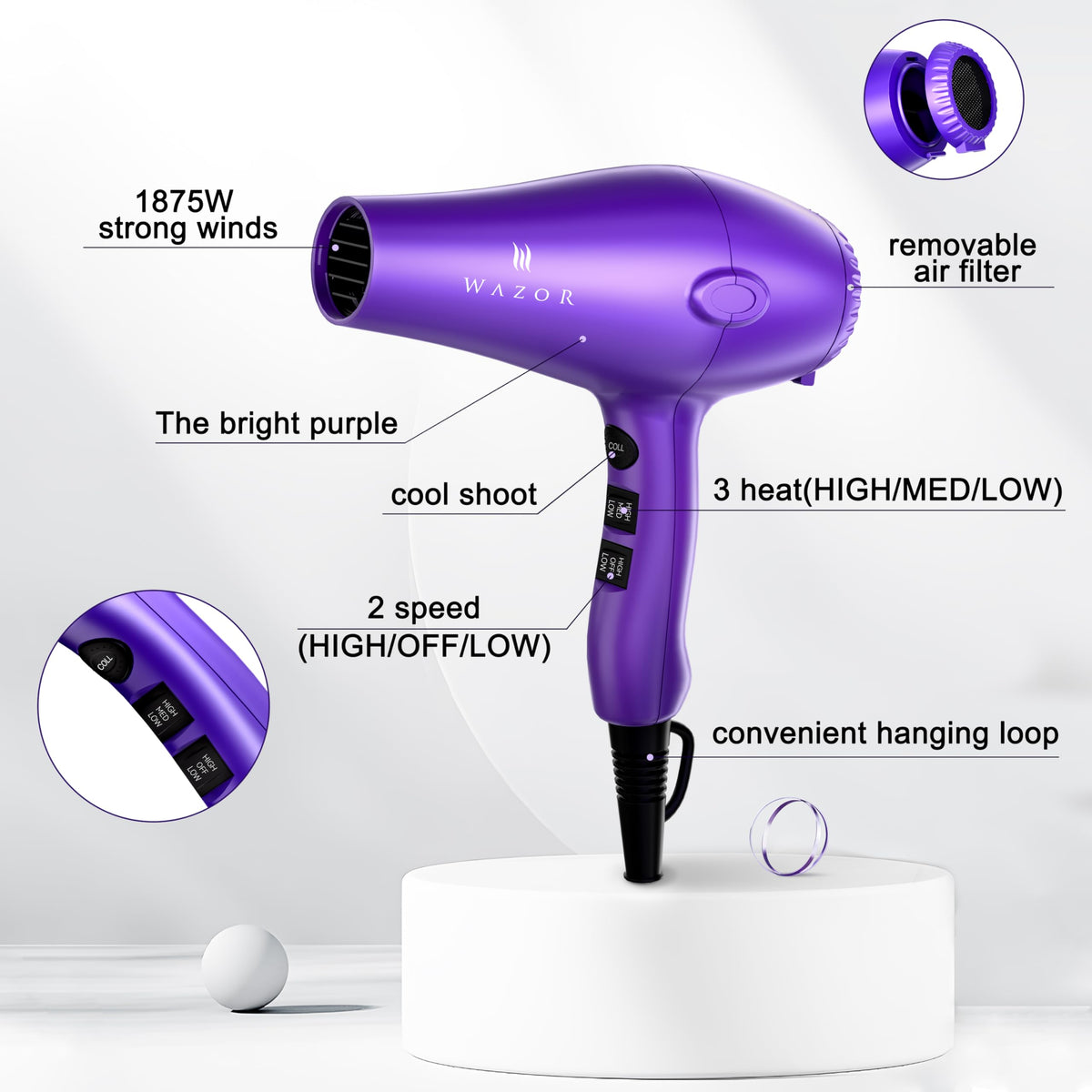 1875W Lightweight Quiet Ionic Hair Dryer D7590
