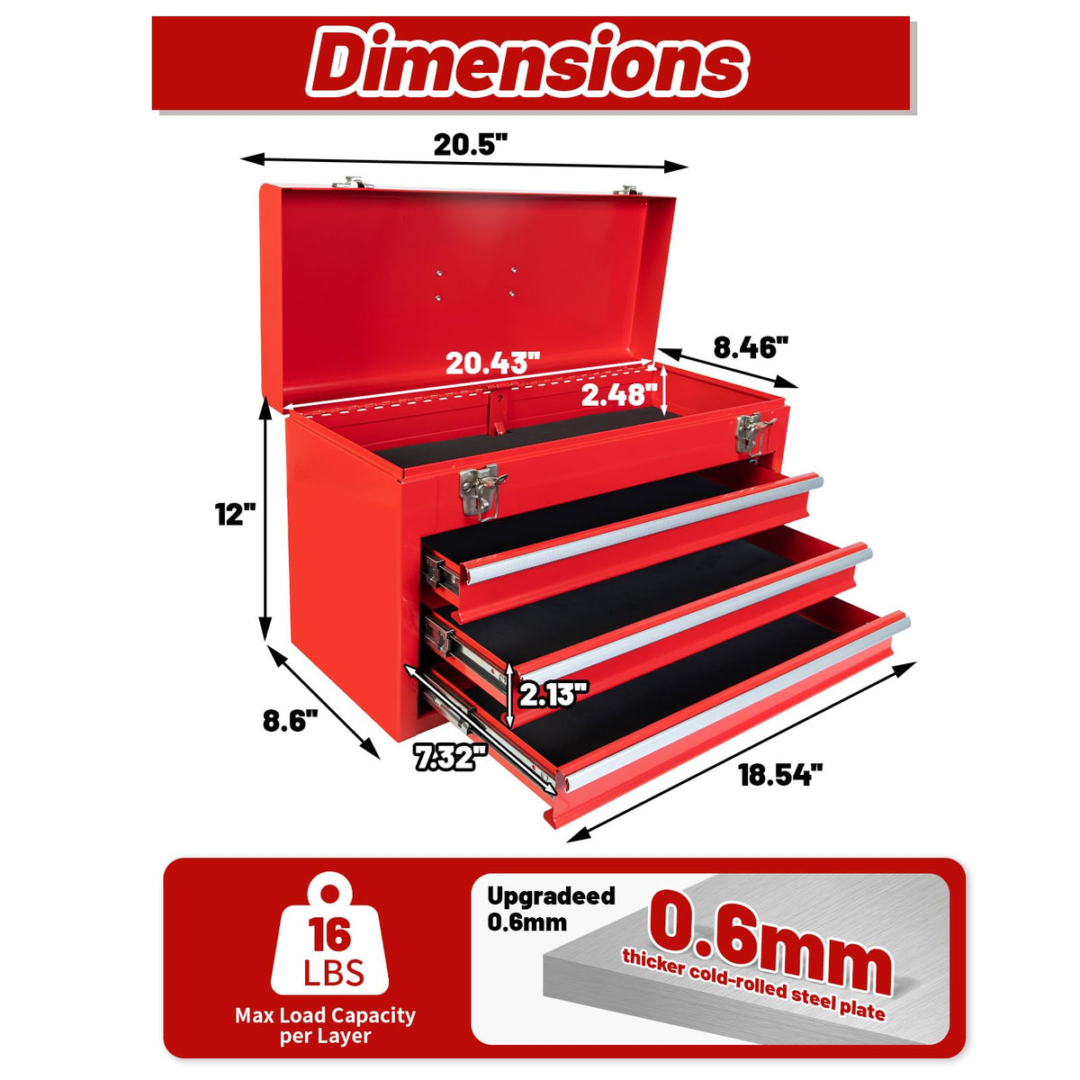 20.5-Inch Metal Tool Box with 3 Drawers H1822