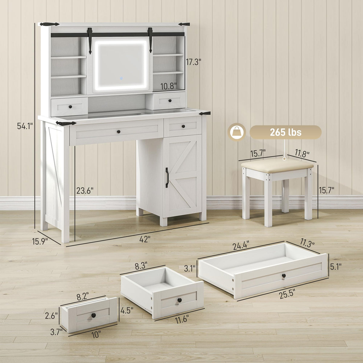 White Vanity Desk with Mirror, LED Lights, Stool A81379