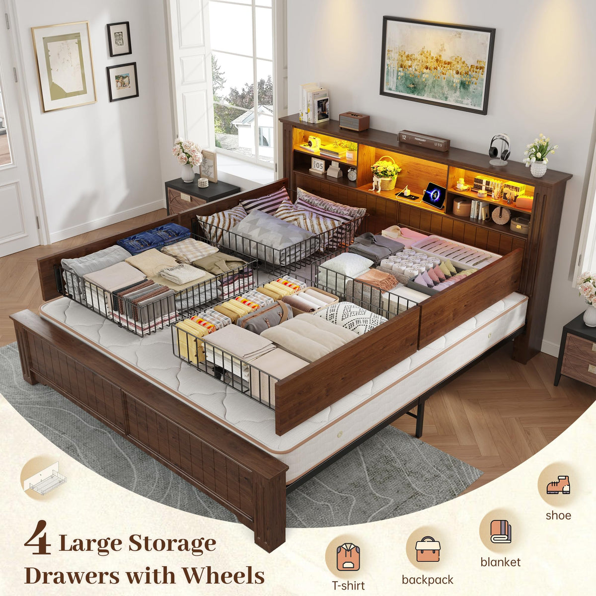 King Bed Frame with 4 Storage Drawers and Headboard Shelf, Brown C94323