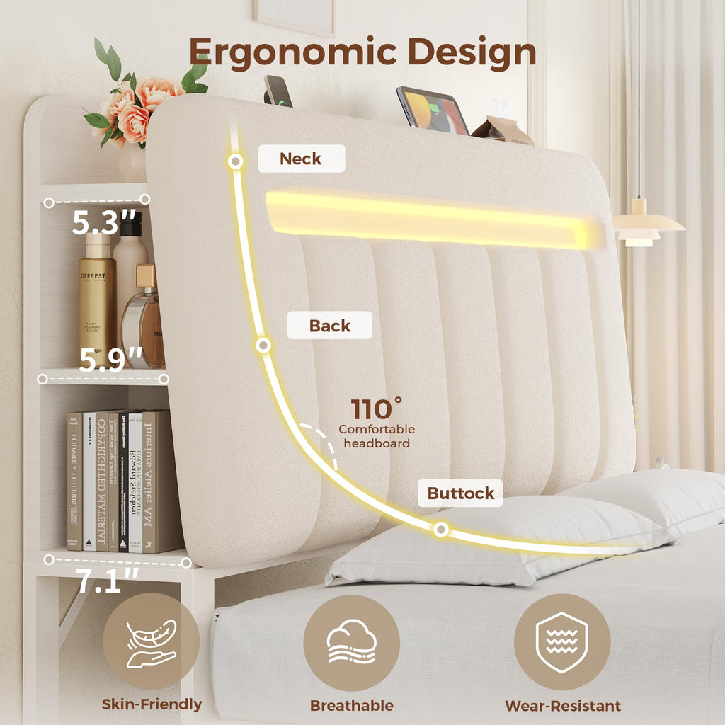 White Upholstered Storage Bed Frame Full Size with Drawers and Charging Station J7639