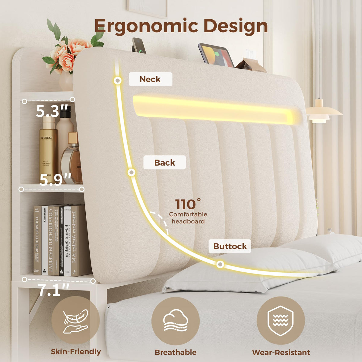 White Upholstered Storage Bed Frame Full Size with Drawers and Charging Station J7639